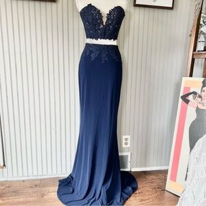 Faviana Strapless Corset 2 Piece Lace Jersey Fishtail Gown Formal Dress